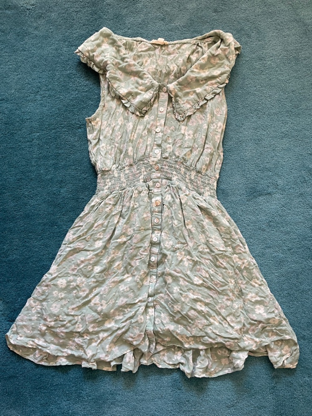 Women’s Sage Green Floral Button-Front Dress with Ruffled Collar